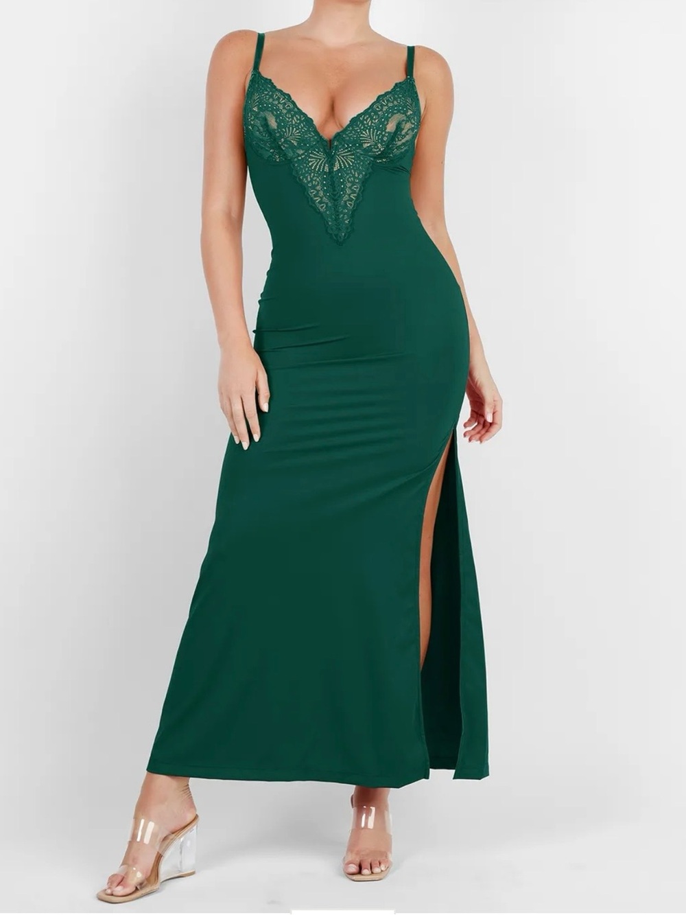 Popilush Lace V Neck Shapewear Slimming Maxi Dress Green
